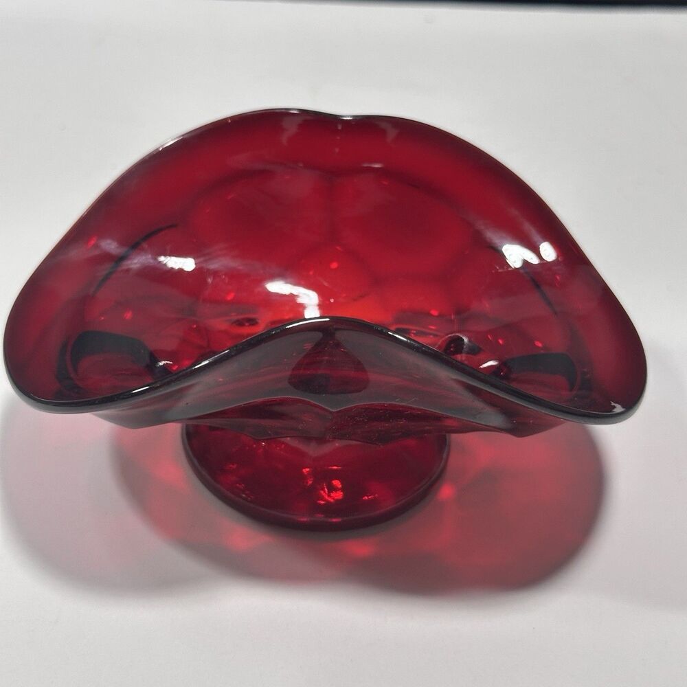 Glass Candy Dish Vintage Ruby Red MCM Freeform Viking Compote Unmarked 50-70's